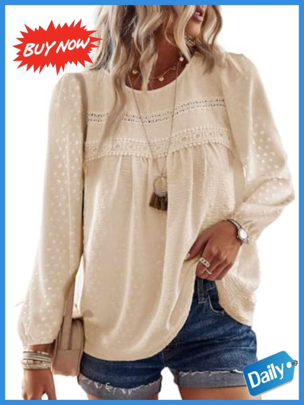 Womens Crochet Lace Boho Blouse Long Sleeve Loose Fit Top